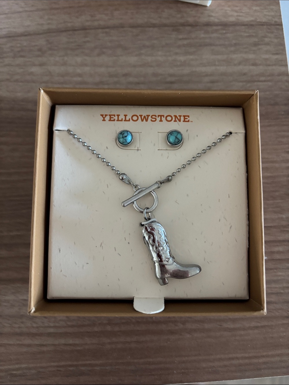 Yellowstone Silver Cowboy Boot Necklace with Turquoise Stud Earrings